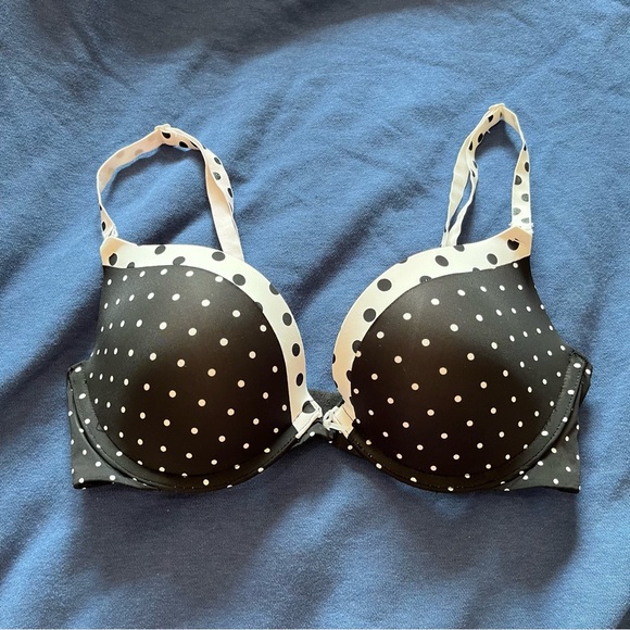 PINK Campus Push Up Bra Underwire Padded Polka Dot Black White Size 32C - Picture 1 of 11